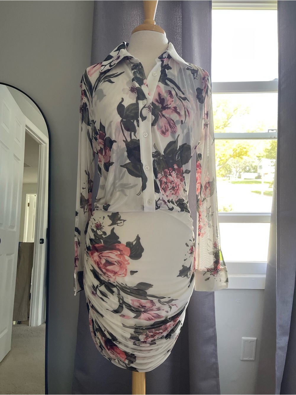 Serena Williams White Sheer Floral Button-Up Midi Dress with Pink Blooms